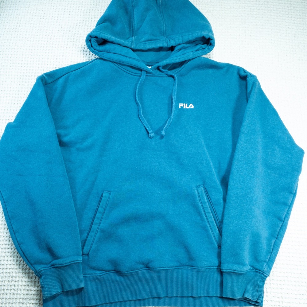 Fila Mens Teal Blue Fleece Pullover Hoodie Embroidered Logo Size L